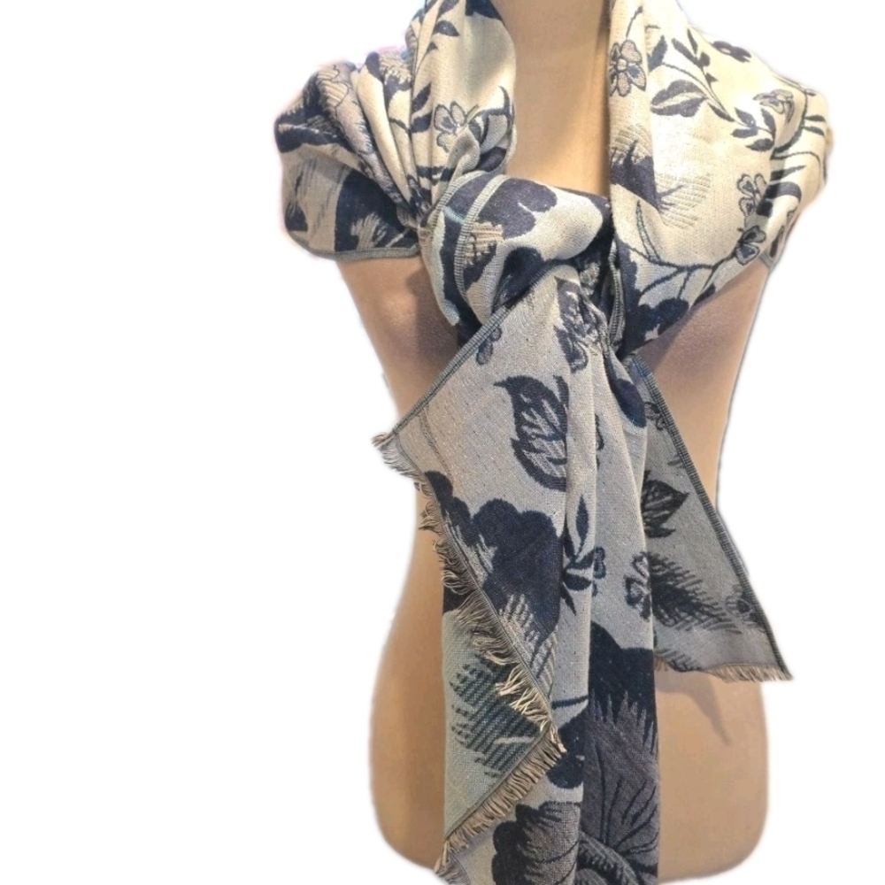 Elegant Floral Scarf in Blue and White